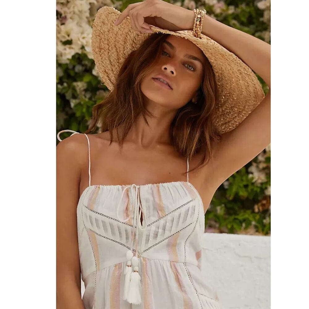 New Anthropologie Mahila Shoulder-Tie Mini Dress $128 LARGE Ivory Metallic